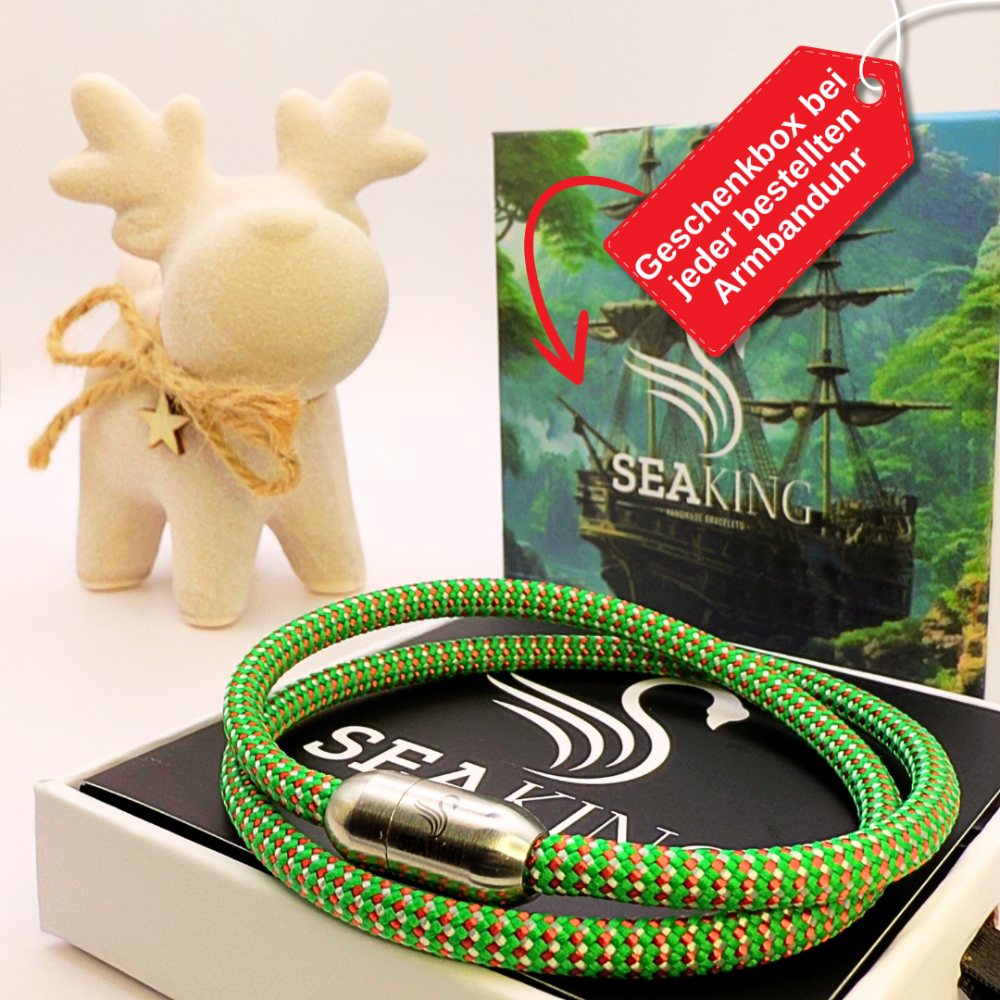 Armband SeaKing XMAS in Rot Grün mit Geschenkbox – perfektes Weihnachtsgeschenk aus echtem Segeltau