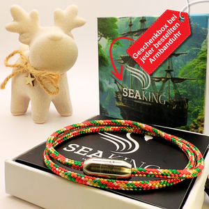 Armband SeaKing XMAS Edition – weihnachtliches Armband in Rot, Grün und Gelb mit Edelstahlverschluss, Geschenkbox und Rentierdekoration