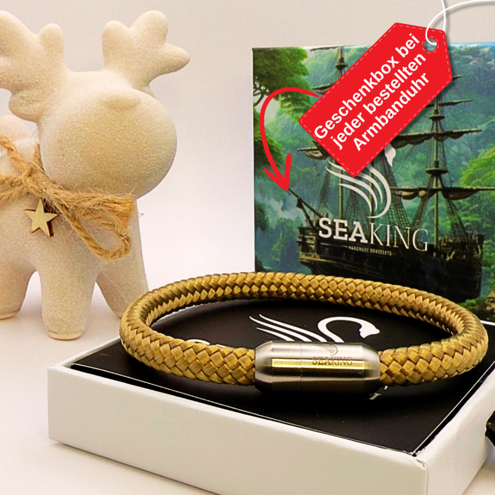 Armband SeaKing XMAS Edition – goldenes nautisches Armband mit starkem Magnetverschluss, festlich verpackt in hochwertiger Geschenkbox