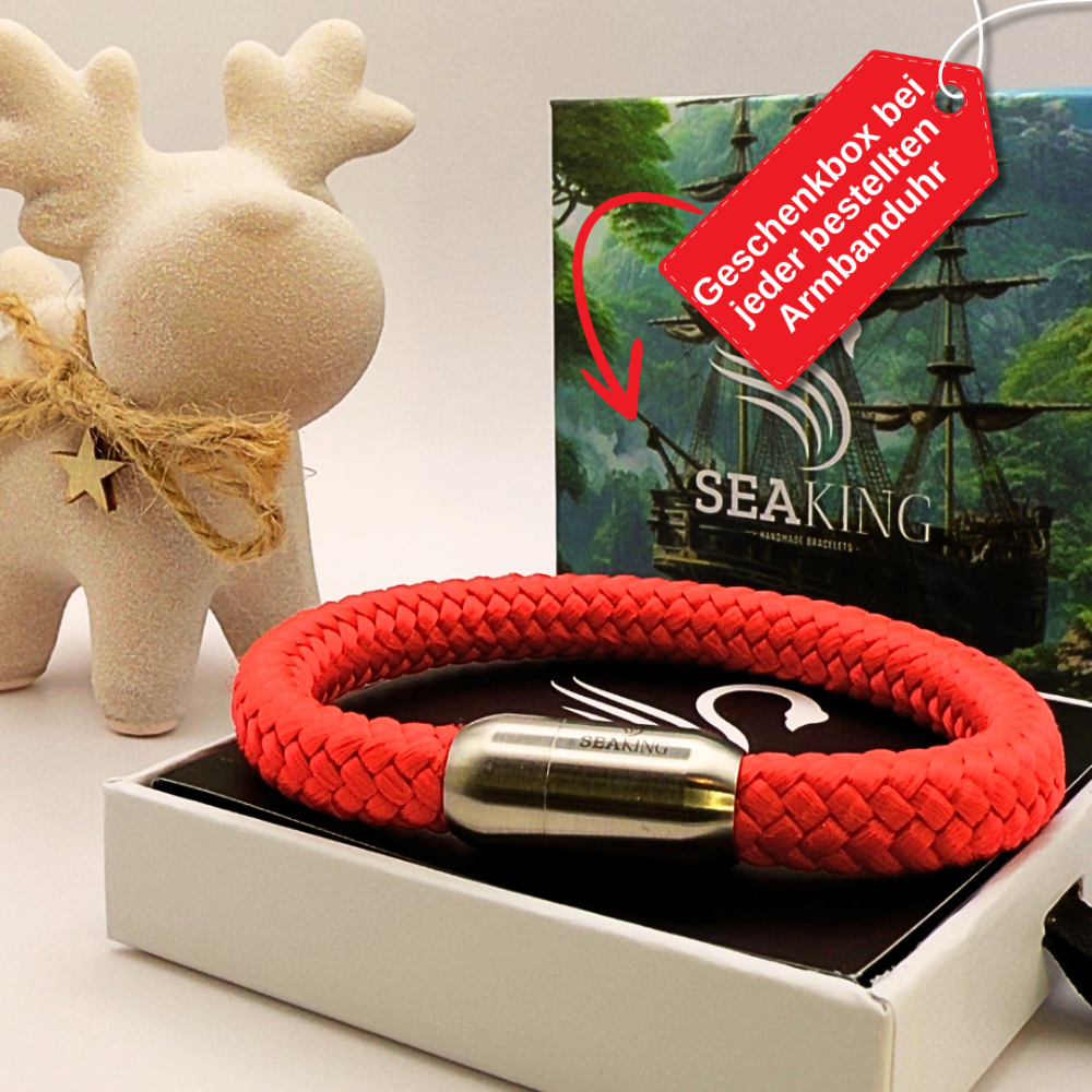 Armband SeaKing XMAS Edition – rotes Segeltau-Armband mit starkem Magnetverschluss, verpackt in weihnachtlicher Geschenkbox