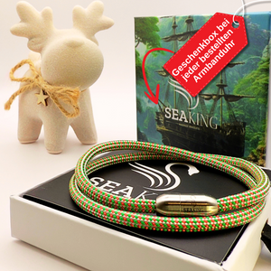 Armband SeaKing XMAS Edition – weihnachtliches Armband in Grün-Rot-Gelb mit Geschenkbox und Rentierfigur