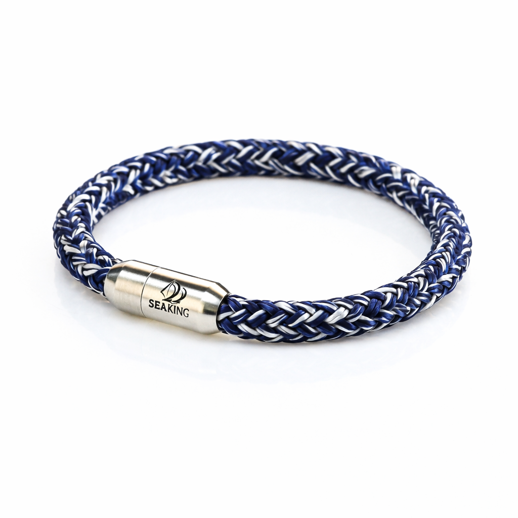 Handgefertigt Armband SeaKing BODENSEE – Dunkelblau Weiß Design mit Edelstahlverschluss
